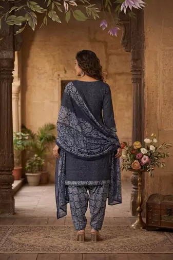 Blue printed cotton blend stitched geometric print salwar kurta dupatta for women