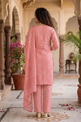 Prach printed cotton blend stitched floral print salwar kurta dupatta for women