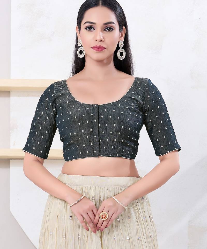 Women's tissue padded front open elbow sleeves saree blouse