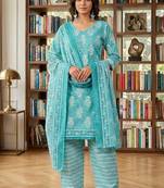 Blue printed cotton blend stitched floral print salwar kurta dupatta for women