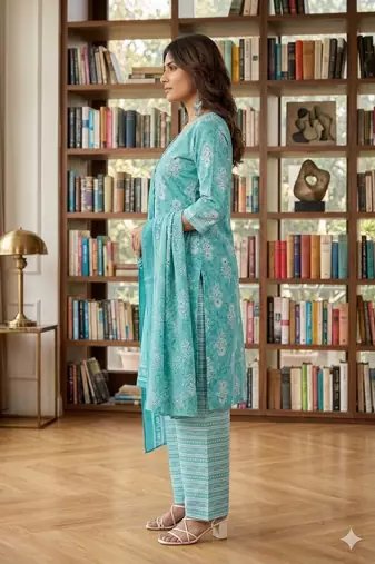 Blue printed cotton blend stitched floral print salwar kurta dupatta for women