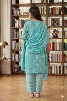 Blue printed cotton blend stitched floral print salwar kurta dupatta for women 3