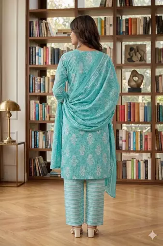 Blue printed cotton blend stitched floral print salwar kurta dupatta for women