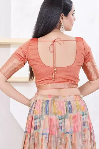 Women's brocade padded front open elbow sleeves saree blouse