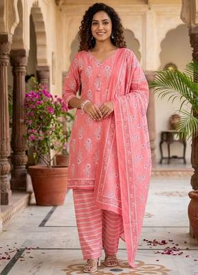 Prach printed cotton blend stitched floral print salwar kurta dupatta for women 4
