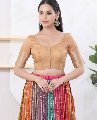 Women's brocade padded front open elbow sleeves saree blouse 1
