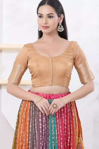 Women's brocade padded front open elbow sleeves saree blouse