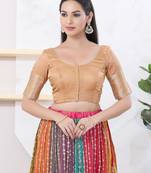 Women's brocade padded front open elbow sleeves saree blouse