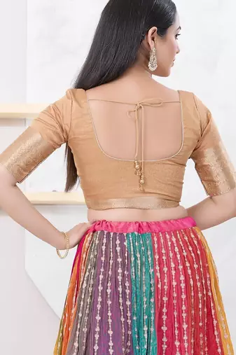 Women's brocade padded front open elbow sleeves saree blouse