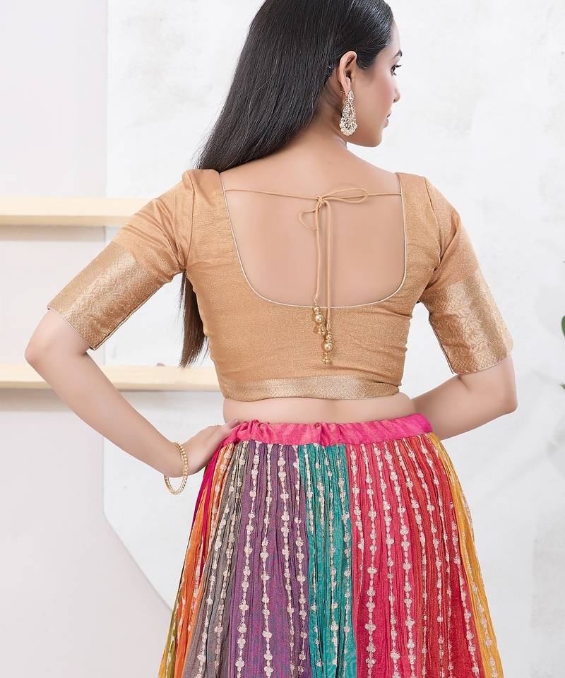 Women's brocade padded front open elbow sleeves saree blouse