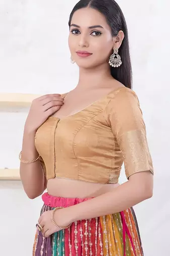 Women's brocade padded front open elbow sleeves saree blouse