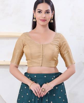 Women's brocade padded front open elbow sleeves saree blouse 1