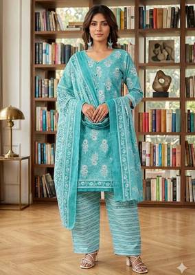 Blue printed cotton blend stitched floral print salwar kurta dupatta for women 4
