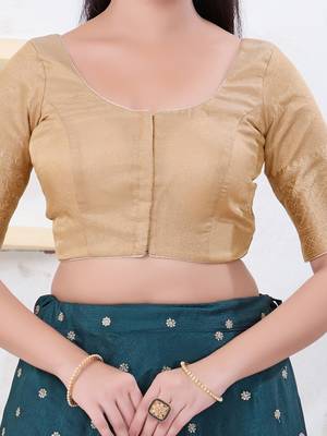 Women's brocade padded front open elbow sleeves saree blouse 4