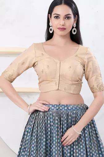Women's shimmer padded front open elbow sleeves saree blouse