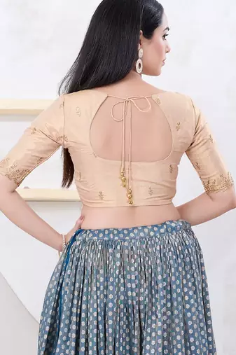 Women's shimmer padded front open elbow sleeves saree blouse