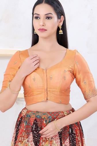 Women's shimmer padded front open elbow sleeves saree blouse