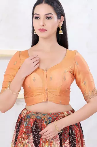 Women's shimmer padded front open elbow sleeves saree blouse