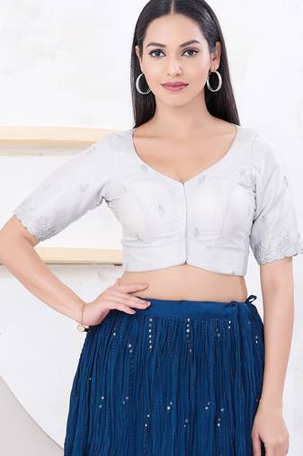 Women's shimmer padded front open elbow sleeves saree blouse