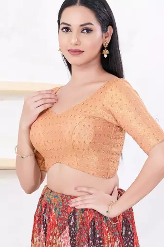 Women's tissue padded back open elbow sleeves saree blouse