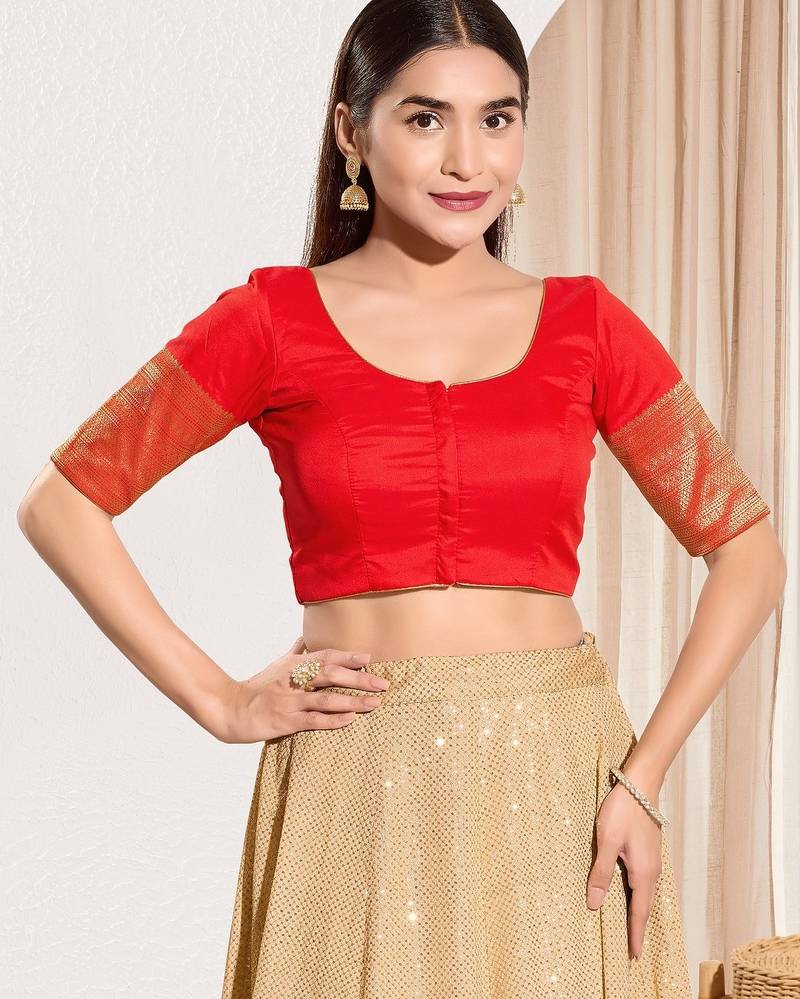 Women's tafeta silk padded front open elbow sleeves saree blouse