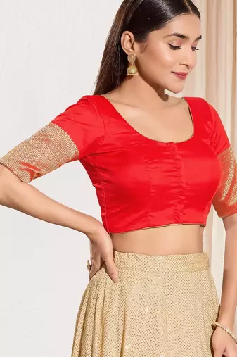 Women's tafeta silk padded front open elbow sleeves saree blouse