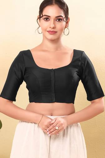 Women's taffeta silk padded front open elbow sleeves saree blouse
