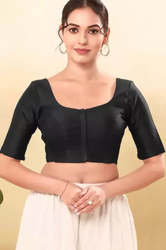 Women's taffeta silk padded front open elbow sleeves saree blouse
