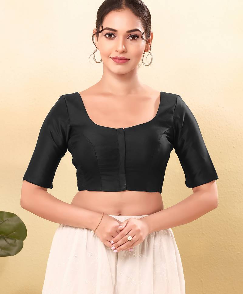 Women's taffeta silk padded front open elbow sleeves saree blouse