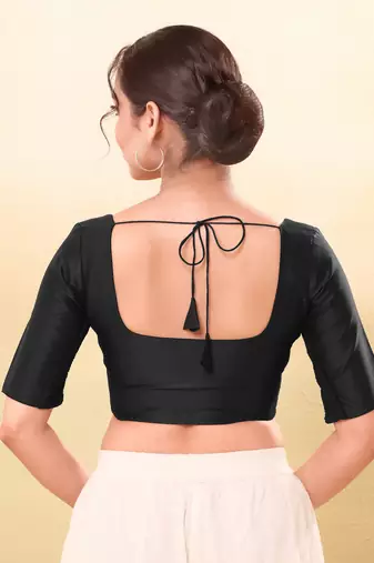 Women's taffeta silk padded front open elbow sleeves saree blouse