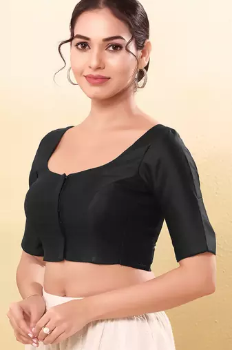 Women's taffeta silk padded front open elbow sleeves saree blouse