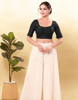 Women's taffeta silk padded front open elbow sleeves saree blouse 4