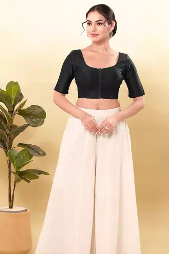 Women's taffeta silk padded front open elbow sleeves saree blouse