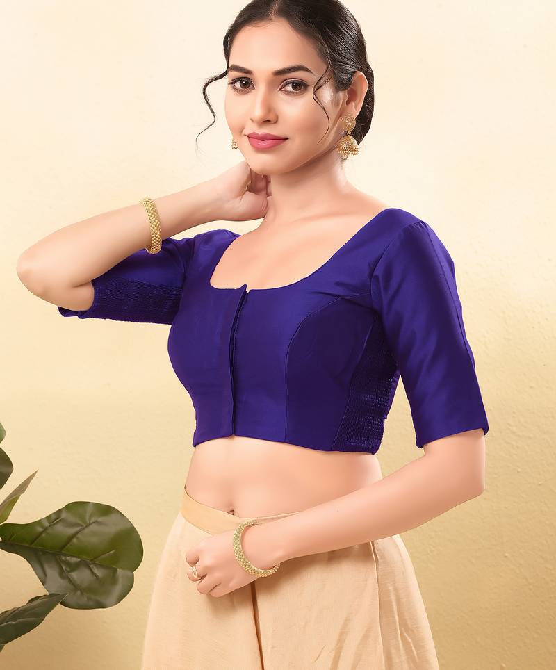 Women's taffeta silk padded front open elbow sleeves saree blouse