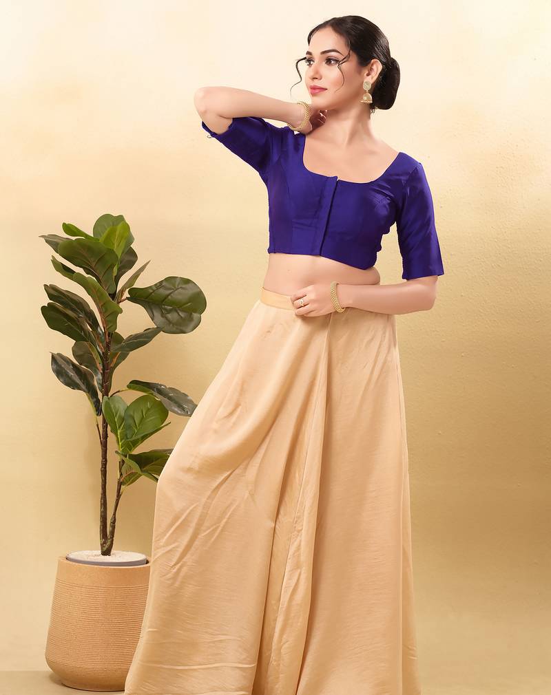 Women's taffeta silk padded front open elbow sleeves saree blouse