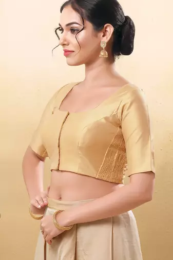 Women's taffeta silk padded front open elbow sleeves saree blouse
