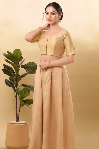 Women's taffeta silk padded front open elbow sleeves saree blouse