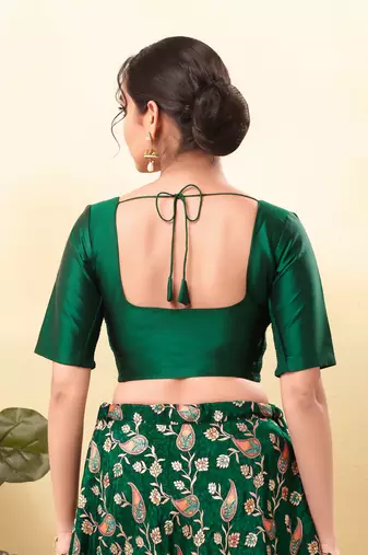 Women's taffeta silk padded front open elbow sleeves saree blouse