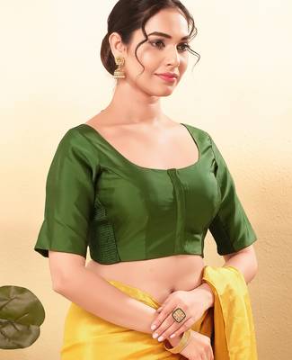 Women's taffeta silk padded front open elbow sleeves saree blouse 3