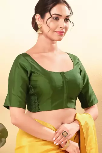 Women's taffeta silk padded front open elbow sleeves saree blouse