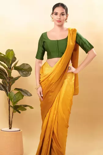 Women's taffeta silk padded front open elbow sleeves saree blouse