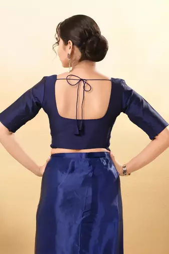 Women's taffeta silk padded front open elbow sleeves saree blouse