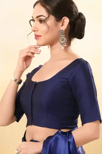 Women's taffeta silk padded front open elbow sleeves saree blouse