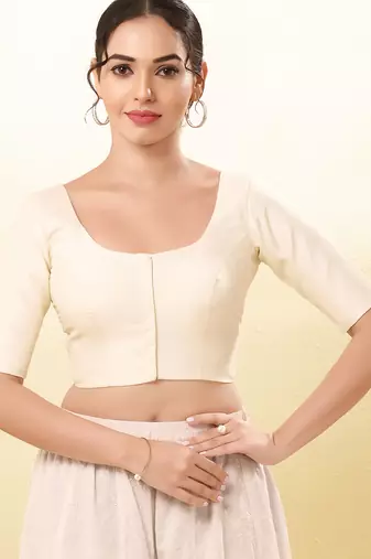 Women's taffeta silk padded front open elbow sleeves saree blouse
