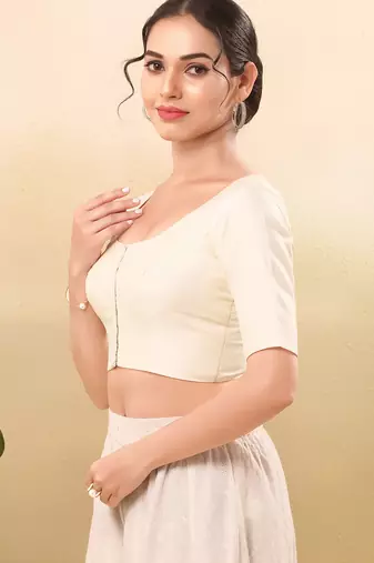 Women's taffeta silk padded front open elbow sleeves saree blouse
