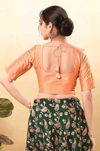 Women's taffeta silk padded front open elbow sleeves saree blouse