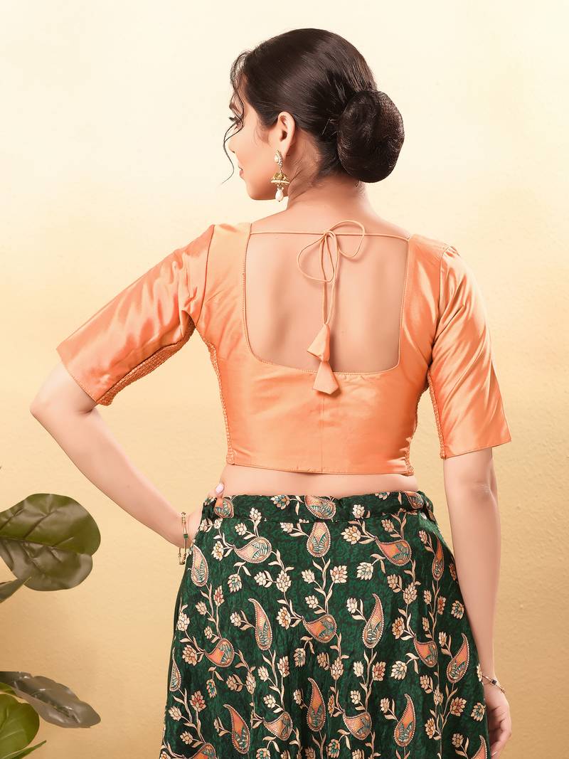 Women's taffeta silk padded front open elbow sleeves saree blouse