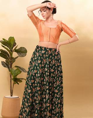 Women's taffeta silk padded front open elbow sleeves saree blouse 4