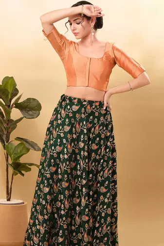 Women's taffeta silk padded front open elbow sleeves saree blouse