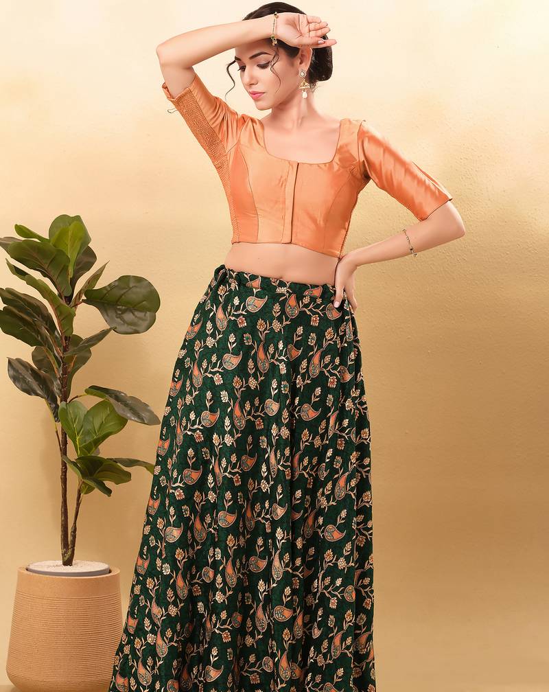 Women's taffeta silk padded front open elbow sleeves saree blouse